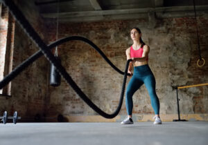 Young woman exercising with battle ropes at the gym. Strong female athlete doing crossfit workout with battle rope. Regular sports boosts immune system and promote good health and resistance to diseases. Healthy lifestyle